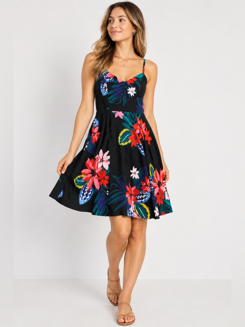 Old Navy Black Tropical Floral Fit & Flare Swing Dress XS